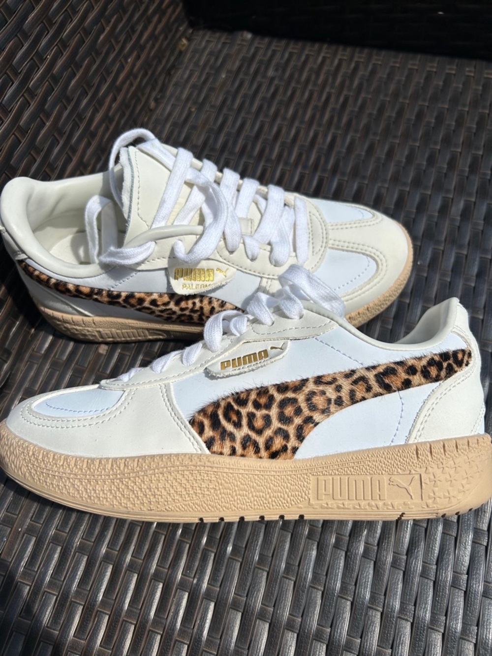 Puma White Sneakers with Leopard Print and Tan Sole